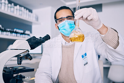 Buy stock photo Chemical inspection, beaker and science man check experiment progress, lab investigation or vaccine development. Chemistry, innovation and male scientist analysis of liquid, drugs solution or biotech