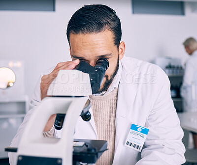 Buy stock photo Science man, microscope and test in lab, medical analysis and pharma job for molecules, particles or bacteria. Scientist, research and thinking for vision, studying virus or pharmaceutical innovation