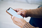 Phone screen, mockup and hands for internet advertising at home with social media, website or text. Closeup of a person with a smartphone and blank space for network, online marketing and ui or ux