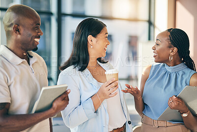 Buy stock photo Team, meeting and friends, diversity and happy people in the workplace, casual conversation and laughing together. Business, corporate group with trust and share ideas, professional and funny talk