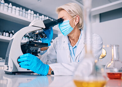 Buy stock photo Science woman, microscope analysis and covid in lab, medical research or pharma job for molecules, particles or bacteria. Mature female scientist, vision and study virus for pharmaceutical innovation