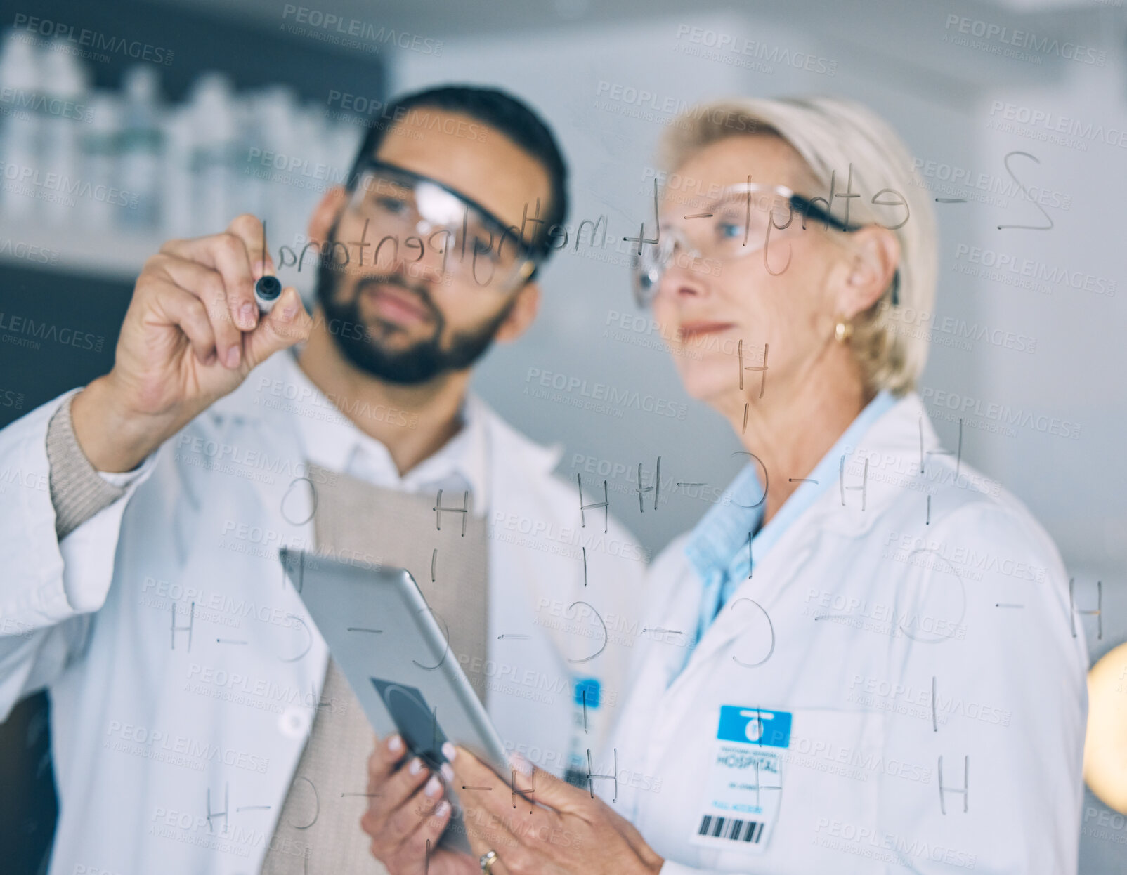 Buy stock photo Tablet, science and a team planning while writing writing on glass in the laboratory for research or innovation. Healthcare, medical and scientist doctors working together in a lab for future study