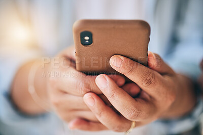 Buy stock photo Hands, closeup and smartphone, typing and chat with communication and network, social media and contact. Person using phone, text message or email with internet search, connectivity and mobile app