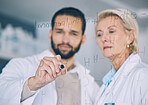 Hand, science and research team writing on glass in the laboratory for planning or study. Healthcare, medical and scientist doctors in a lab together for formula development of future innovation