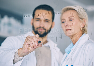 Buy stock photo Hand, science and research team writing on glass in the laboratory for planning or study. Healthcare, medical and scientist doctors in a lab together for formula development of future innovation