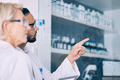 Buy stock photo Research, team and writing glass formula, planning particles and conversation to develop theory, experiment and brainstorming equation. Science, staff and workers in a lab, study and data analyzing