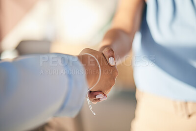 Buy stock photo Closeup, business and staff with handshake, agreement and contract with b2b meeting, teamwork and welcome. Greeting, professional and workers shaking hands for cooperation, onboarding and recruitment