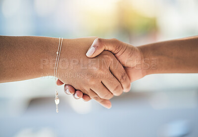 Buy stock photo Handshake, agreement and shaking hands of people meeting for partnership or agreement together as team with trust. Greeting, accept and thank you or welcome gesture for deal, collaboration or support