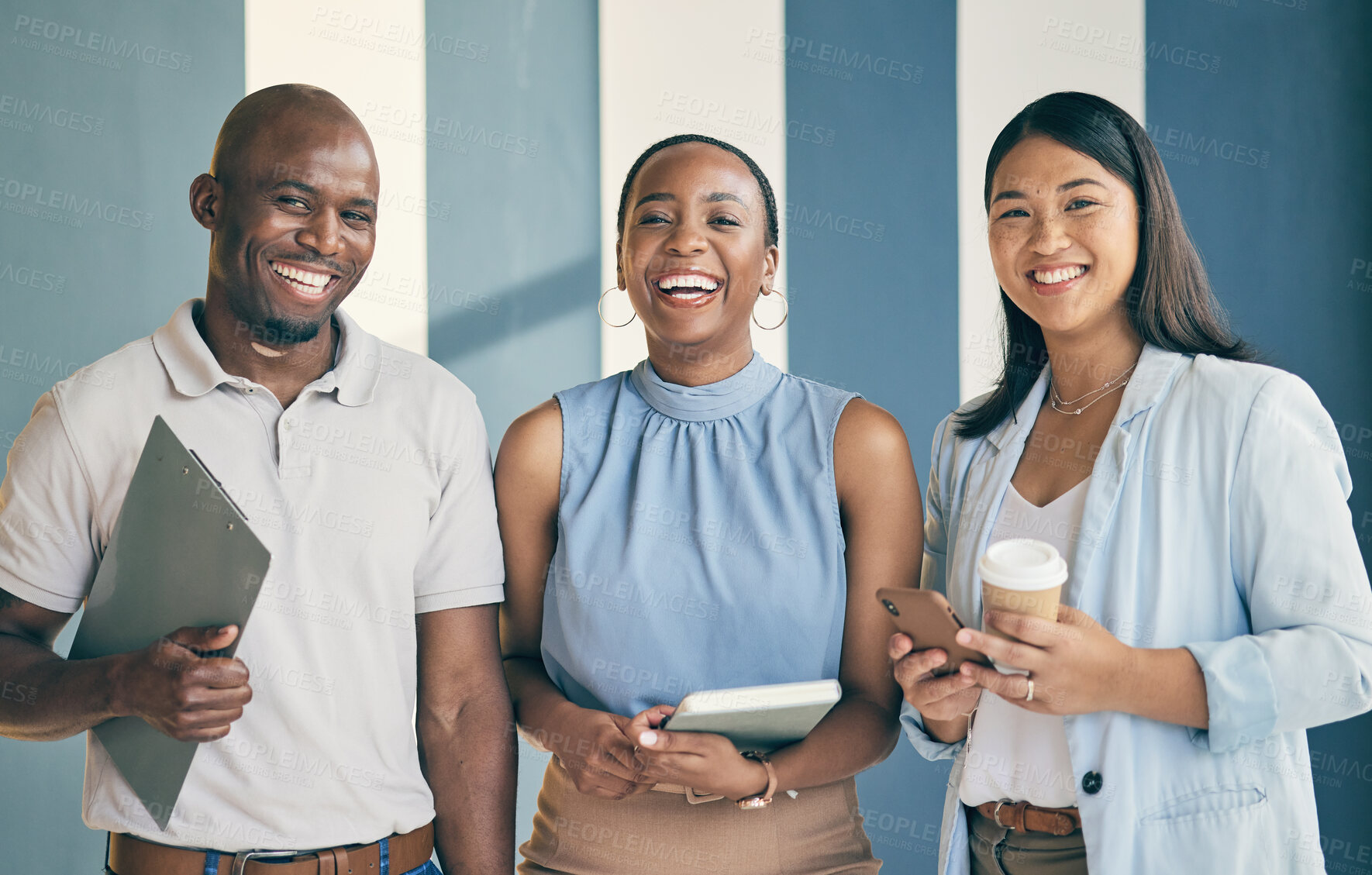 Buy stock photo Smile, laughing and portrait of a business people in the office with confidence and happiness. Young, career and face headshot of a team of professional lawyers standing in a modern legal workplace.