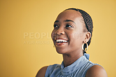 Buy stock photo Thinking, smile and black woman in creative business studio isolated on a yellow background mockup space. Vision, happy and African designer, entrepreneur and employee worker planning startup idea.