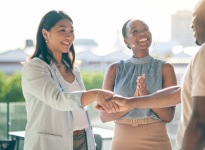 Buy stock photo Business people, handshake and applause in collaboration, deal or agreement in city. Shaking hands, happy and group clapping in b2b partnership, celebration and congratulations in startup acquisition