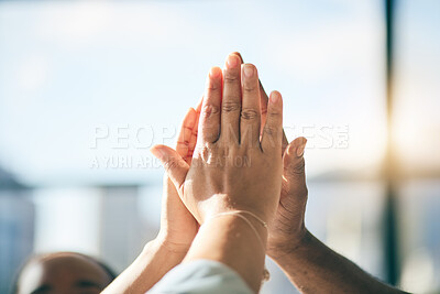 Buy stock photo High five, hands together and business people, success and collaboration with support, target goals and closeup. Meeting, team building and achievement, achievement and agreement, synergy and mission