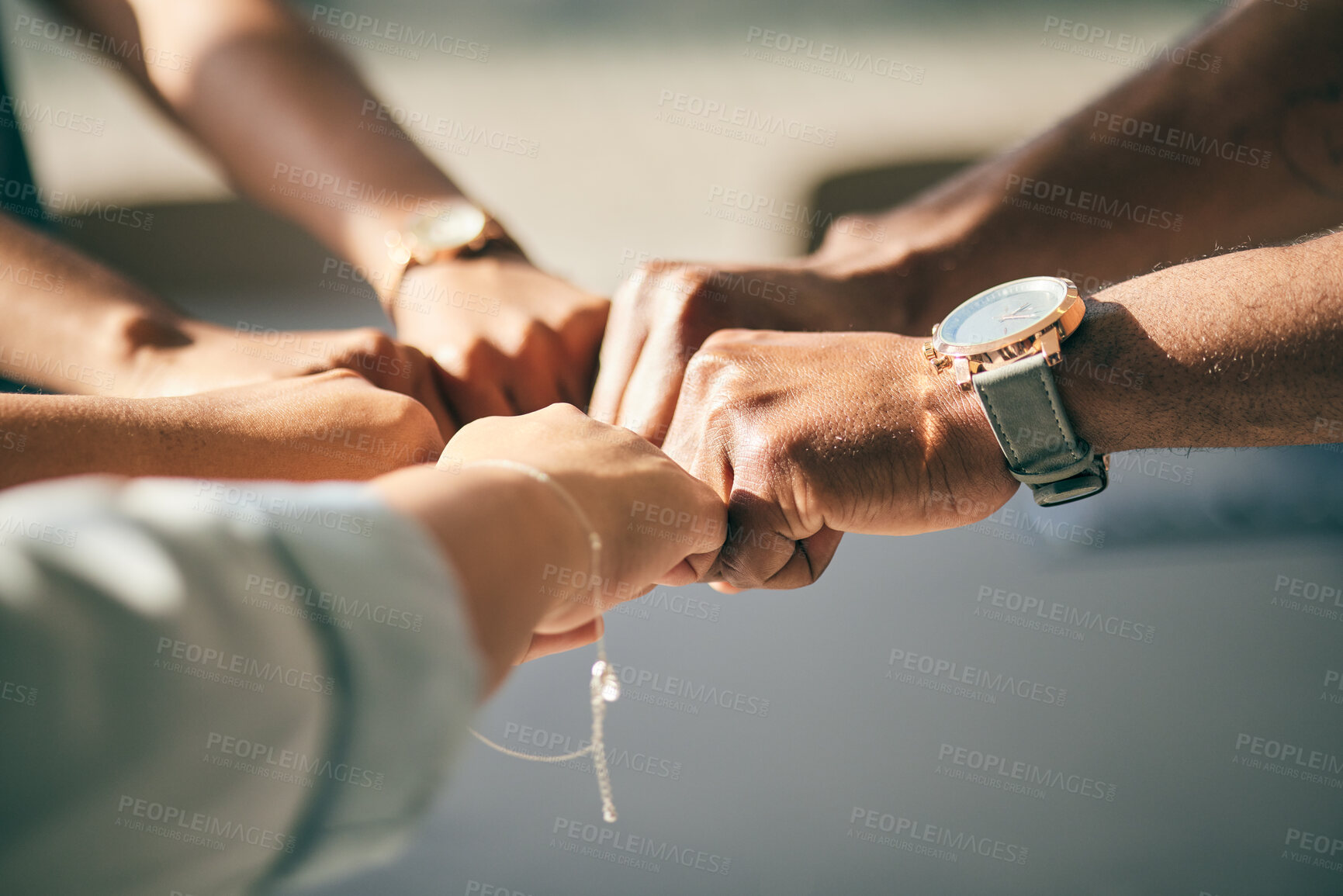 Buy stock photo Hands, fist bump and business people, mission and collaboration with support, target goals and closeup. Meeting, team building and agreement, synergy and plan together with community and partnership