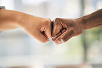 Fist bump, closeup and partnership, team and support with success, target goals and people working together. Cooperation, community and collaboration, hands and emoji with trust and business growth 