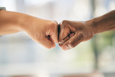 Buy stock photo Fist bump, closeup and partnership, team and support with success, target goals and people working together. Cooperation, community and collaboration, hands and emoji with trust and business growth 