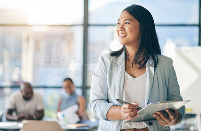 Buy stock photo Asian woman in office with clipboard, smile and leadership with business meeting schedule in professional space. Workshop, management and happy businesswoman with checklist, mockup and confidence.