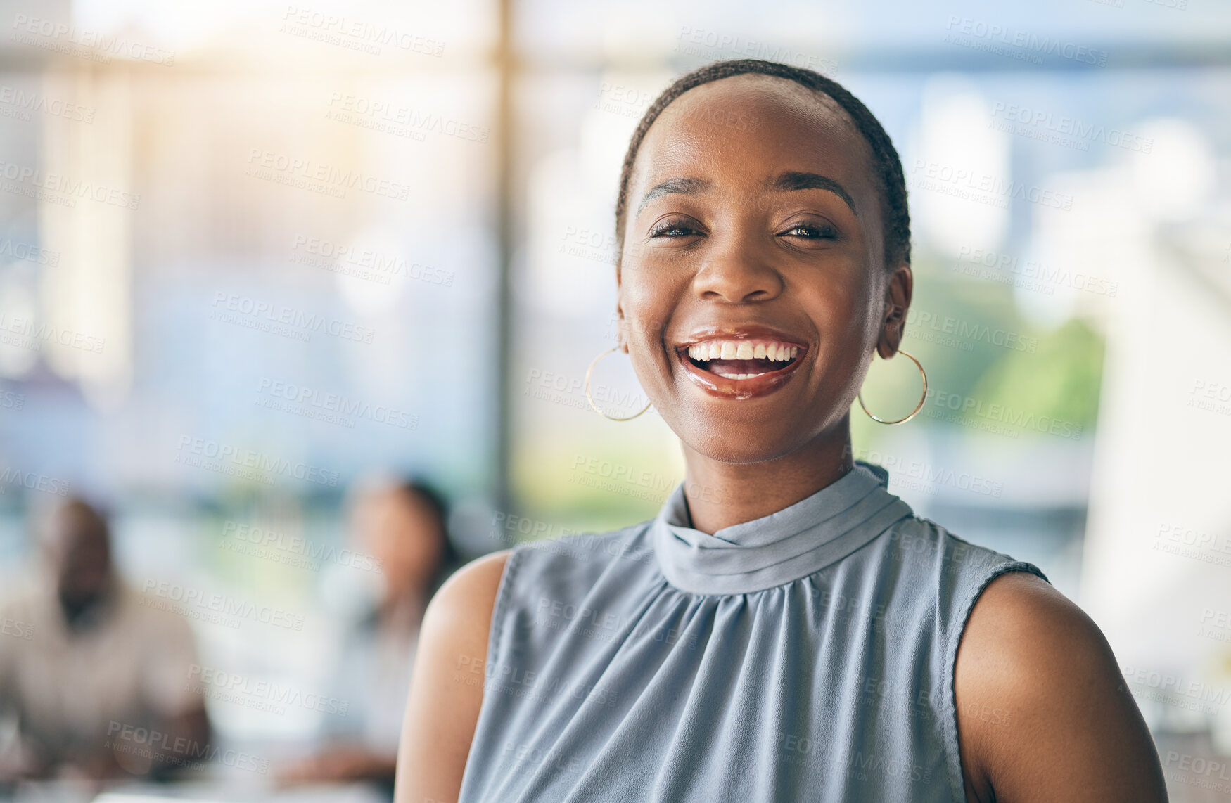 Buy stock photo Portrait of black woman in office with mockup, smile and leadership in business meeting with professional. Workshop, project management and happy face of businesswoman, mentorship and confidence.