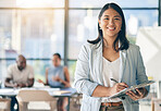 Portrait of Asian woman in office with tablet, smile and leadership in business meeting in professional space. Workshop, management and happy businesswoman with digital device, mockup and confidence.