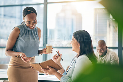 Buy stock photo Teamwork, diversity and notebook with business woman planning their schedule or calendar in the office. Collaboration, agenda and a professional employee reading a journal or diary with her colleague