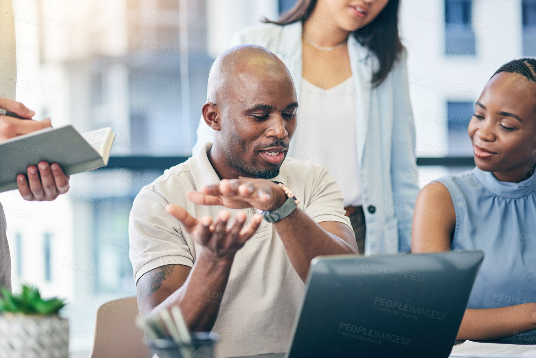 Buy stock photo Teamwork, laptop and designer people training in office meeting, planning and brainstorming. Computer, collaboration and group coaching of black man in creative startup company, business and happy