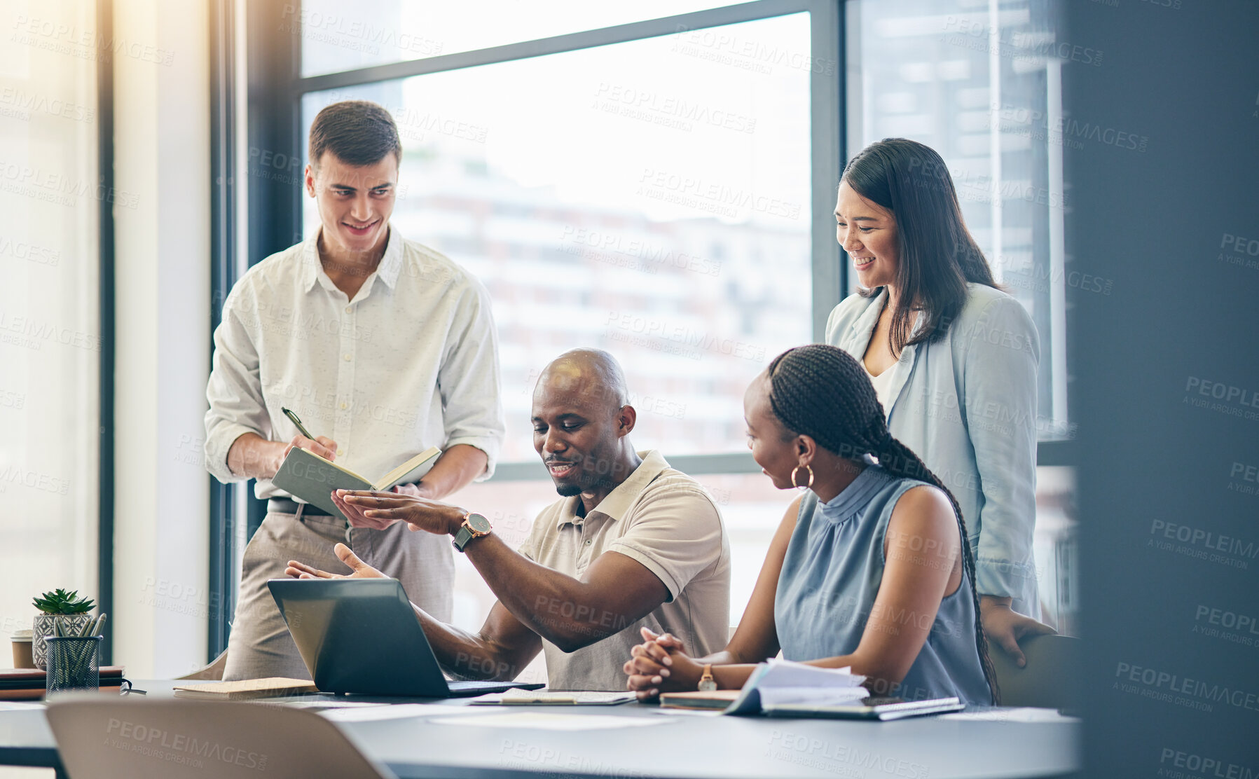 Buy stock photo Laptop, teamwork and designer people training in office meeting, planning and brainstorming. Computer, collaboration and group coaching of black man in creative startup company, business and happy