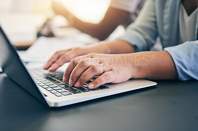 Buy stock photo Laptop, keyboard and closeup of woman typing for online research for a project in the office. Technology, hands and female person working on a computer for a creative startup business in a workplace.