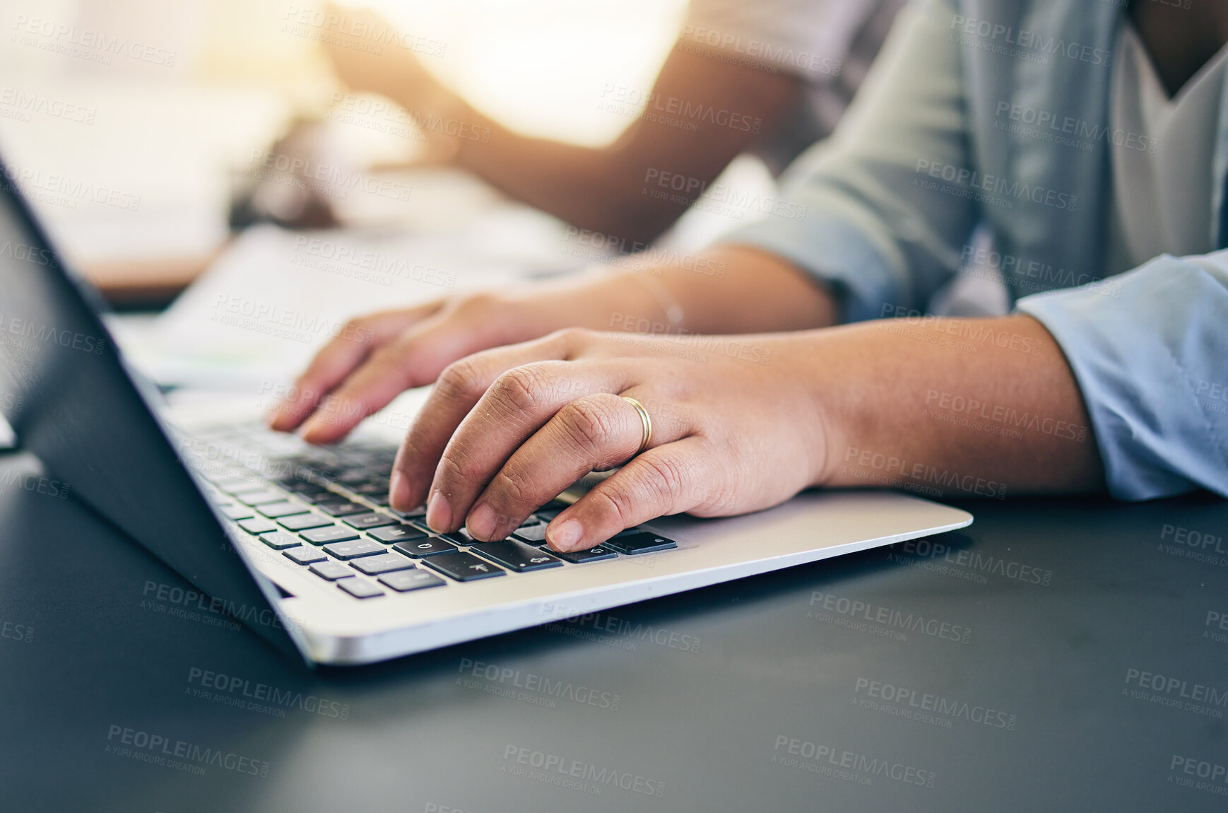 Buy stock photo Laptop, keyboard and closeup of woman typing for online research for a project in the office. Technology, hands and female person working on a computer for a creative startup business in a workplace.