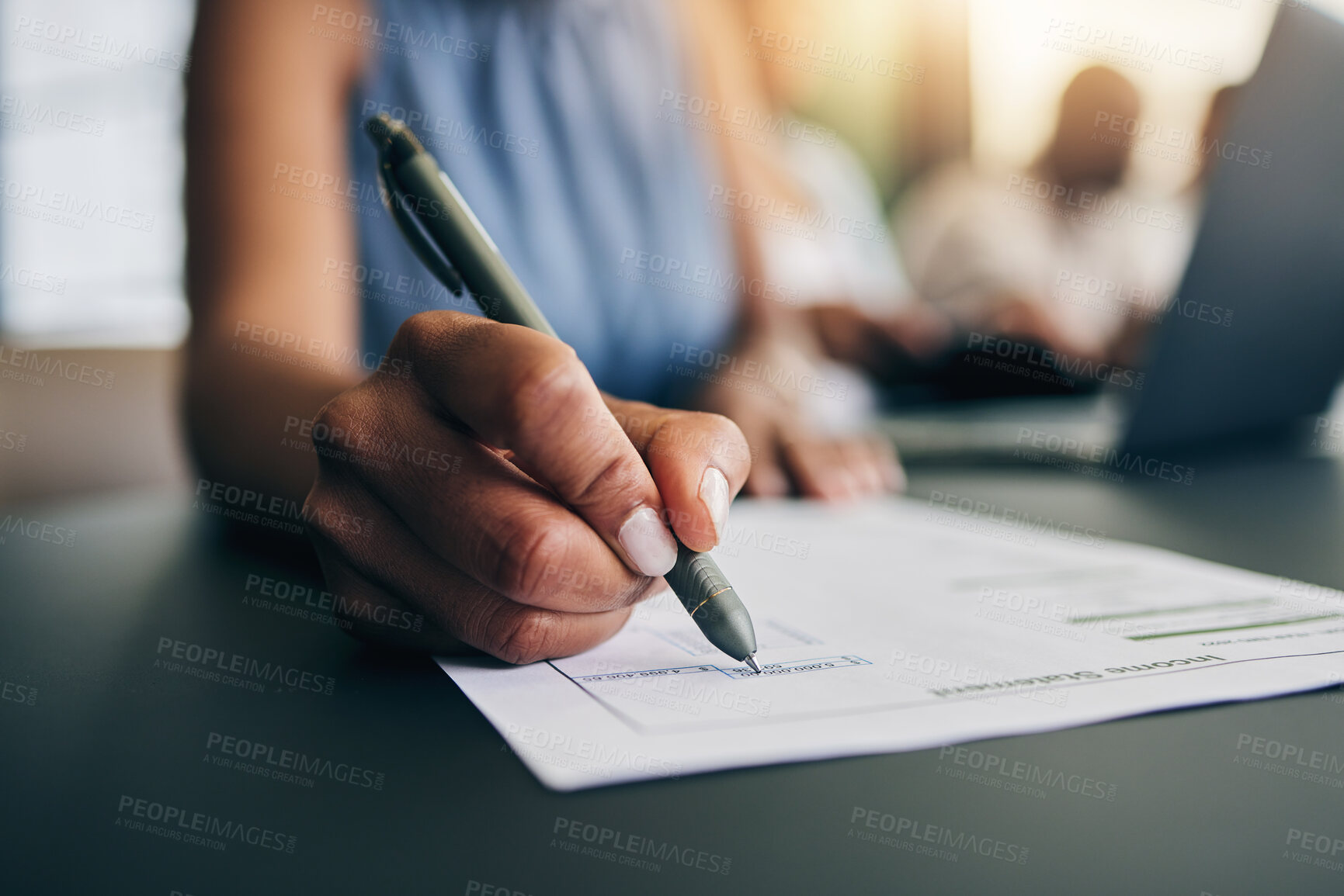 Buy stock photo Closeup, hand and a person with a document for accounting, finance paperwork or business. Desk, office and an accountant or employee writing on a report or agreement for a salary or work income