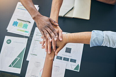 Buy stock photo Hands stack, business people and documents top view, teamwork and planning at startup, office and group. Team building, goals and synergy with link, connection and paperwork for circle in workplace