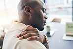 Stress, work and a black man with hand for back pain, massage and health problem. Burnout, tired and an African employee holding a shoulder or feeling a muscle injury in an office from an accident