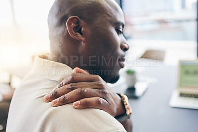 Buy stock photo Stress, work and a black man with hand for back pain, massage and health problem. Burnout, tired and an African employee holding a shoulder or feeling a muscle injury in an office from an accident