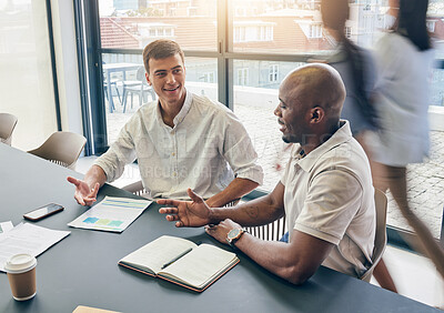 Buy stock photo Business meeting, men and discussion, paperwork and planning with notebook, collaboration in conference room. Team, talking and notes with market research, ideas with strategy and working together