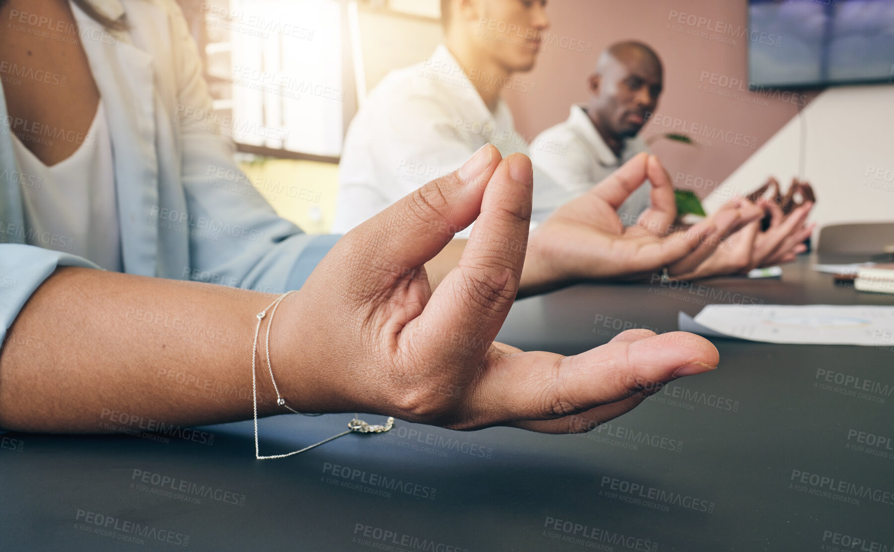 Buy stock photo Yoga, office or hands of business people in meditation for mental health or breathing exercise together. Startup team, wellness closeup or calm employees relax for stress management or zen peace