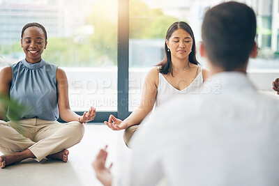 Buy stock photo Office meditation, calm and business people together for wellness and training the mind. Diversity, peace and corporate employees with a spiritual group exercise for company mindfulness and zen