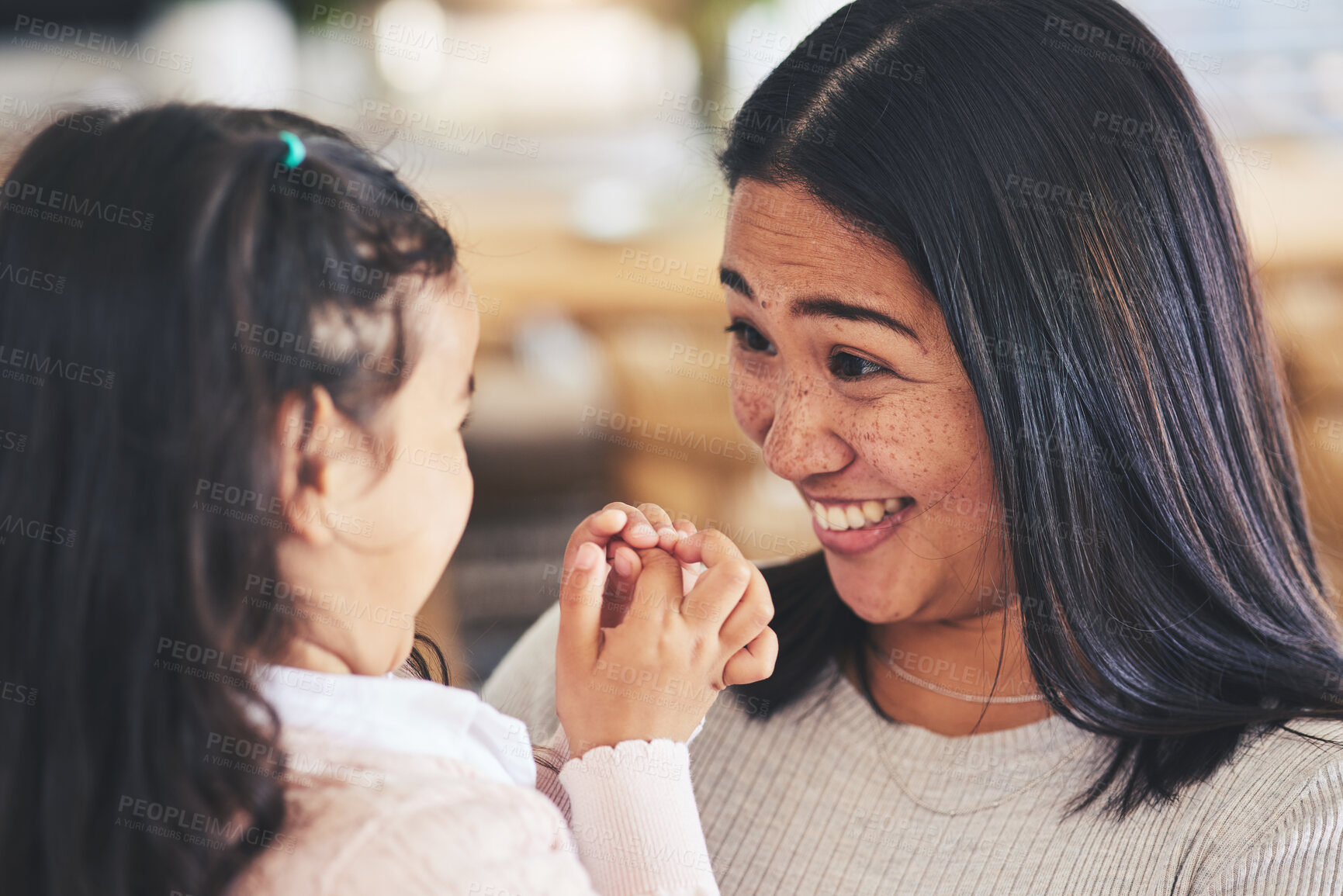 Buy stock photo Smile, love and playful with mother and daughter on sofa for happy, care and support. Funny, calm and relax with woman and young girl embrace in living room of family home for peace, cute and bonding