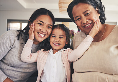 Buy stock photo Smile, women and generations with portrait of family on sofa for happy, bonding and support. Hug, relax and grandparent with mother and child in living room at home for calm, cheerful and peace