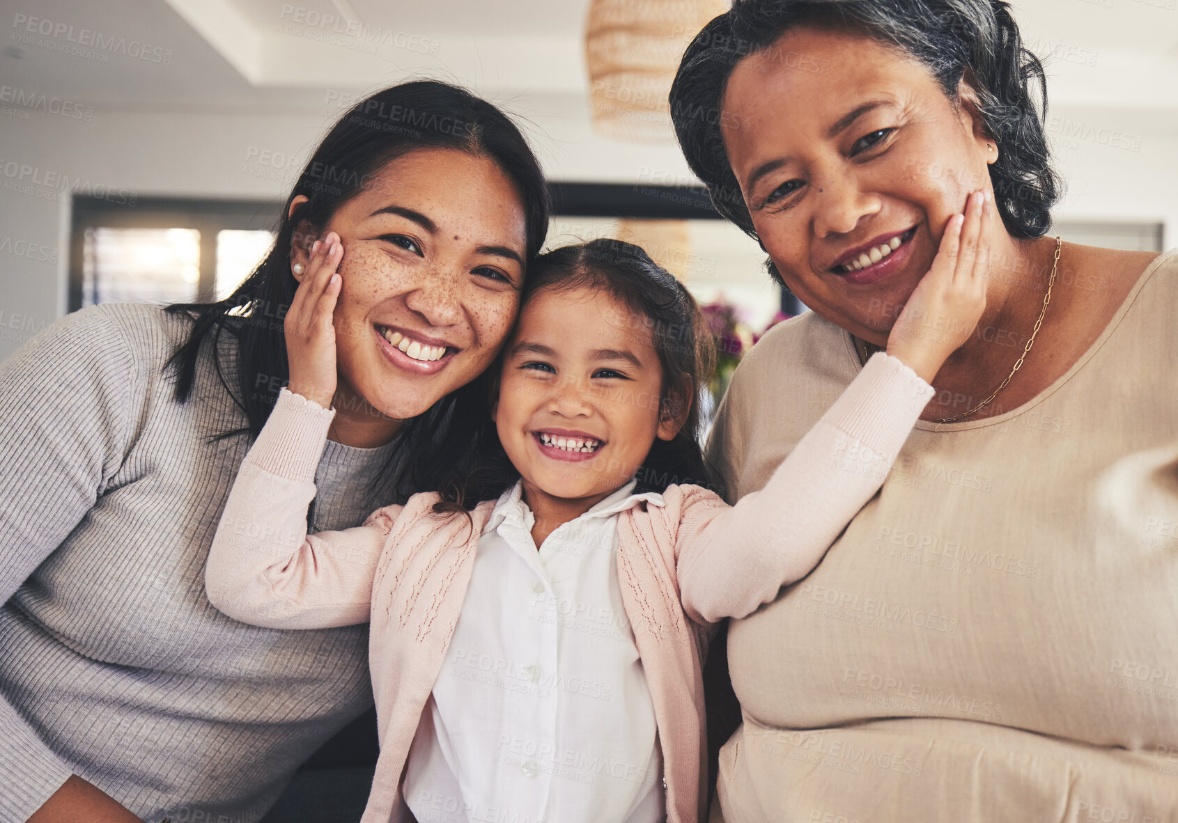 Buy stock photo Smile, women and generations with portrait of family on sofa for happy, bonding and support. Hug, relax and grandparent with mother and child in living room at home for calm, cheerful and peace