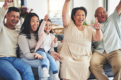 Buy stock photo Happy family, child or grandparents in celebration for sports in home living room watching tv together. Grandfather, score or excited mother cheering with dad, kid fan or grandmother for goal success