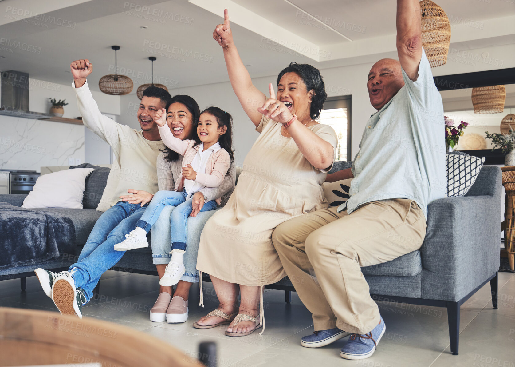 Buy stock photo Happy family, child or grandparents in celebration for a goal in home living room watching tv together. Grandfather, score or excited mom cheering with dad, child or grandmother for sports success