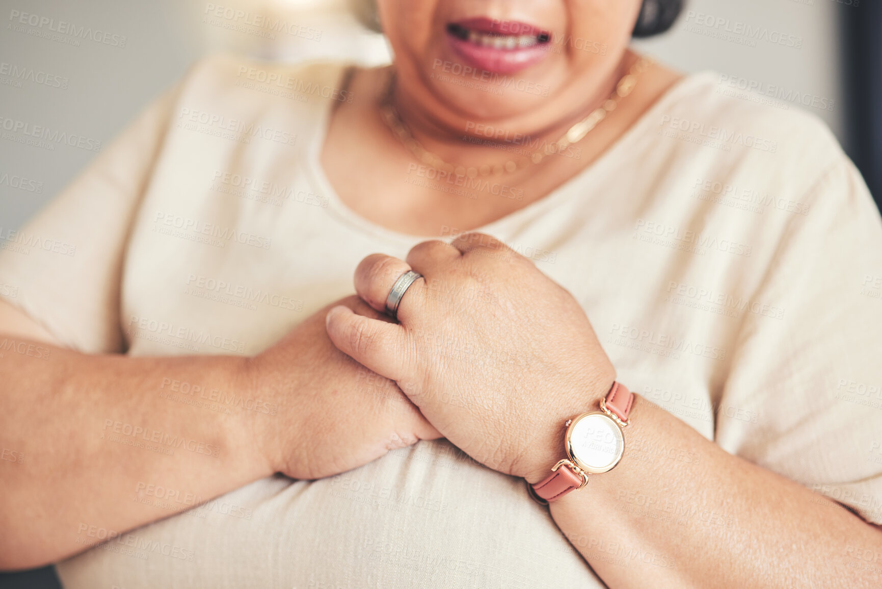 Buy stock photo Heart attack, healthcare and closeup of a senior woman with chest pain, injury or accident. Medical emergency, breathe and zoom of elderly female hands with lung sickness or infection at her home.