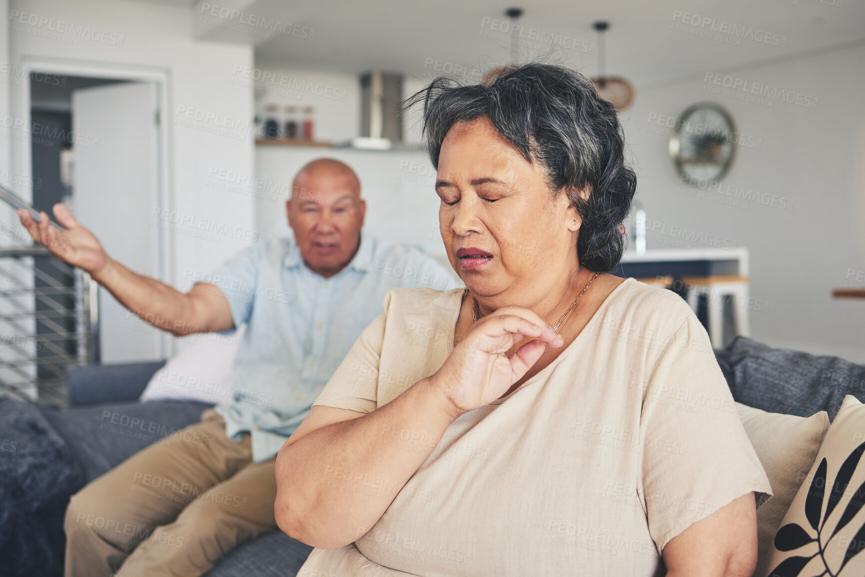 Buy stock photo Fight, divorce or frustrated old couple argue with stress for marriage problem, breakup or bad communication. Shouting, home or angry senior people in conflict or betrayal of cheating crisis or drama