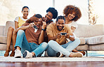 Group of friends on couch, video games for fun and relax in home living room together with internet controller. Online gaming, playing esports app and sofa, happy gamer men and women in apartment.