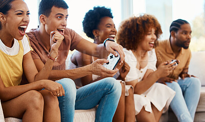 Buy stock photo Excited friends together on couch, video game fun and relax in home living room playing with controller. Online gaming, virtual esports app and sofa, happy group of gamer men and women in apartment.