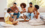 Game, smile or friends playing cards, poker or black jack at home for gambling together in a holiday party. Happy, men or group of women laughing to relax in living room in a fun match competition