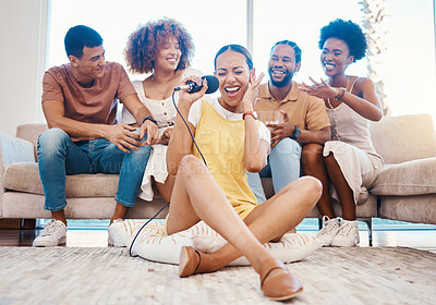 Buy stock photo Microphone, happy or friends singing in home living room together in a party on holiday vacation break. Girl singer, men or group of funny women laughing to relax in a fun karaoke competition or game