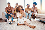 Mic, happy people or woman singer in home living room together in a party on holiday vacation break. Girl singing, excited men or group of funny women laughing in a fun karaoke celebration or game