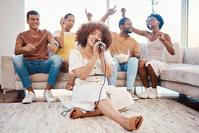 Buy stock photo Microphone, friends or happy woman singing in home living room together in party on holiday vacation break. Girl singer, men or group of funny women laughing in a fun karaoke game with popcorn snacks