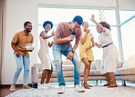 Singing, party and friends dancing in the living room with a microphone to music, playlist or radio. Happy, diversity and young people moving, bonding and having fun together with karaoke at home.