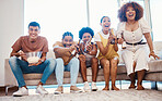Beer, popcorn and friends watching tv, excited and bonding in home living room together. Food, happy people and group on television to drink alcohol, streaming movie and video film to relax on sofa