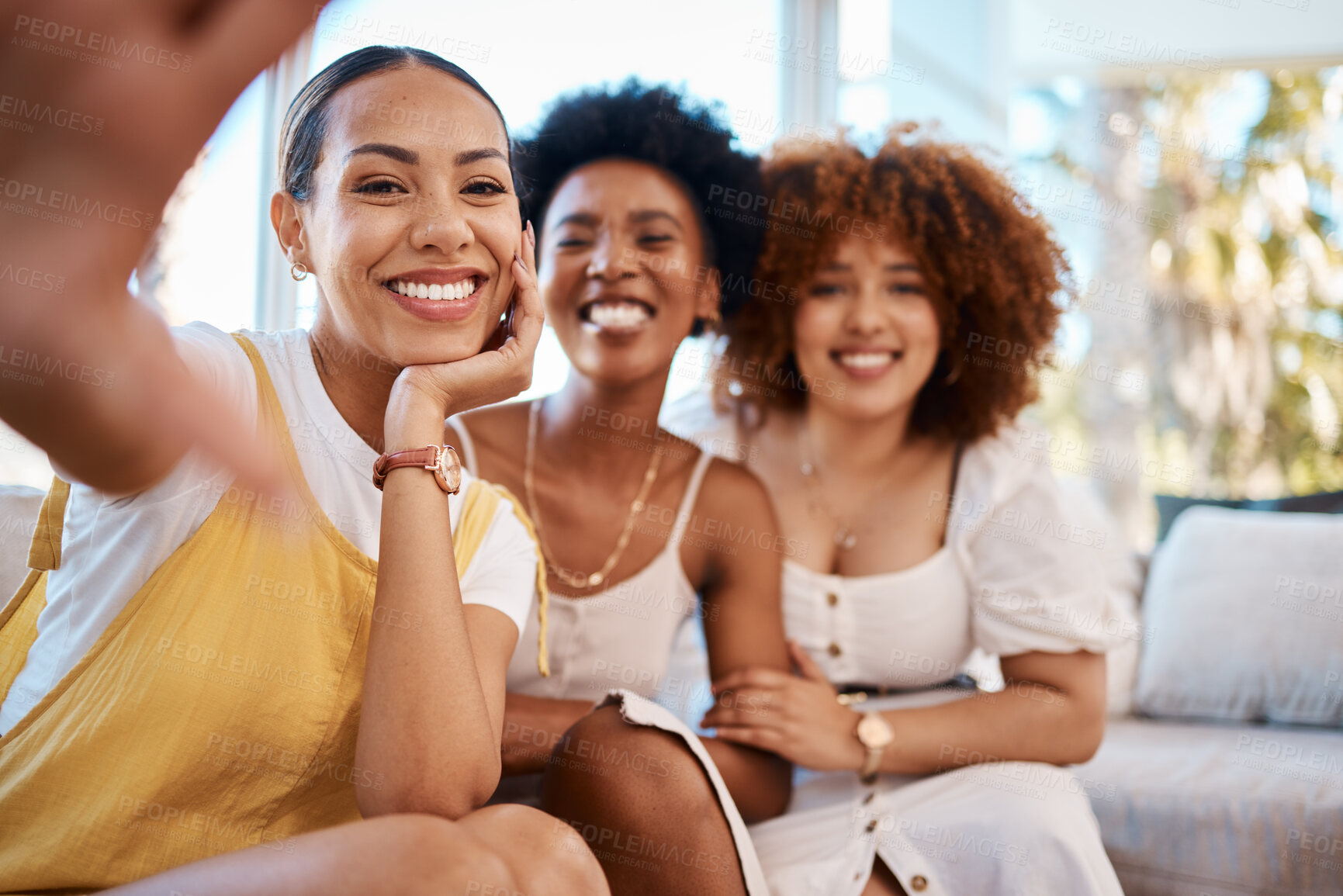 Buy stock photo Portrait, smile and selfie of friends in home living room, bonding and having fun on sofa. Face, profile picture and group of people, women or girls in photography, happy memory and social media.